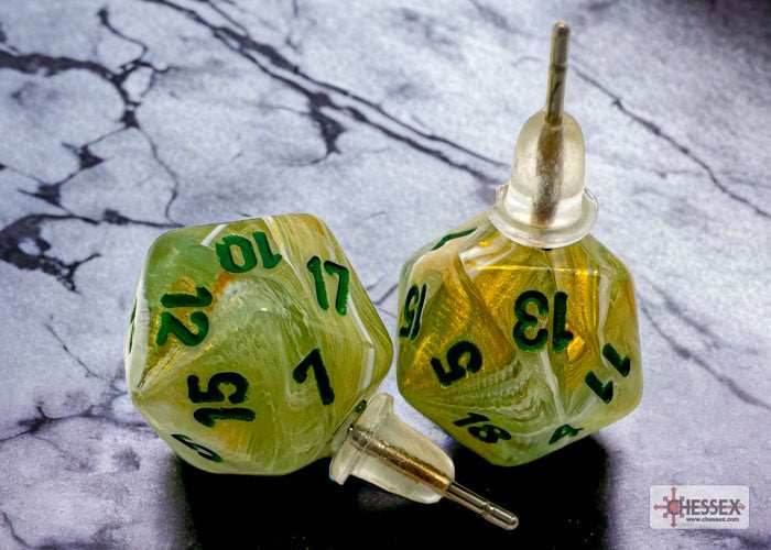 Stud Earrings Marble Green Mini-Poly d20 Pair -