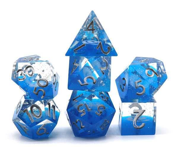 Dreaming of Space 7-Dice Set Resin Sharp Edge RPG DND Blue Glitter -