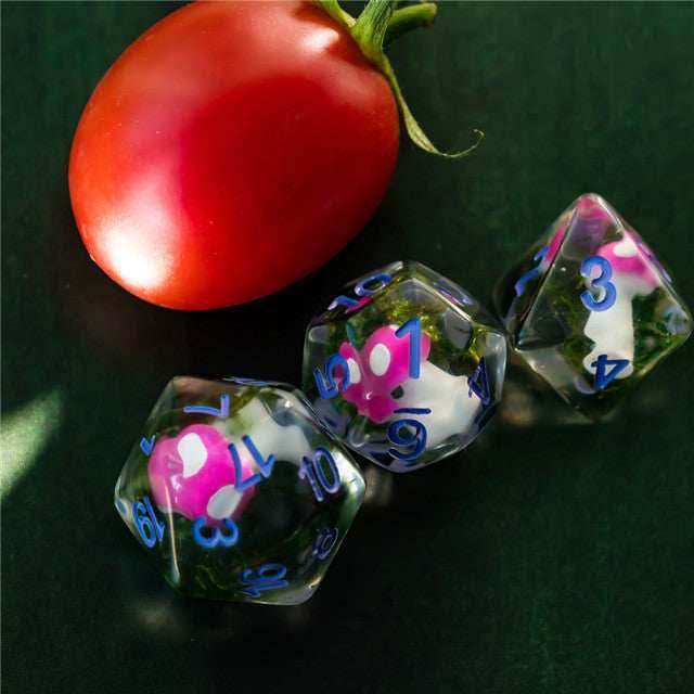 Pink Mushroom Dice Clear Green Vine w/Lavender Numbers 7-Dice Set Rpg -