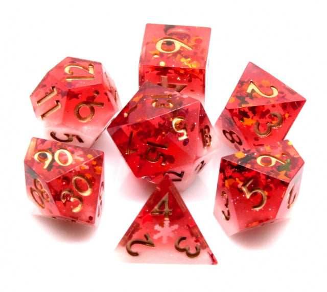 Translucent Red on Opaque White w/Foil Flakes 7-Dice Set Resin Sharp Edge RPG DND -