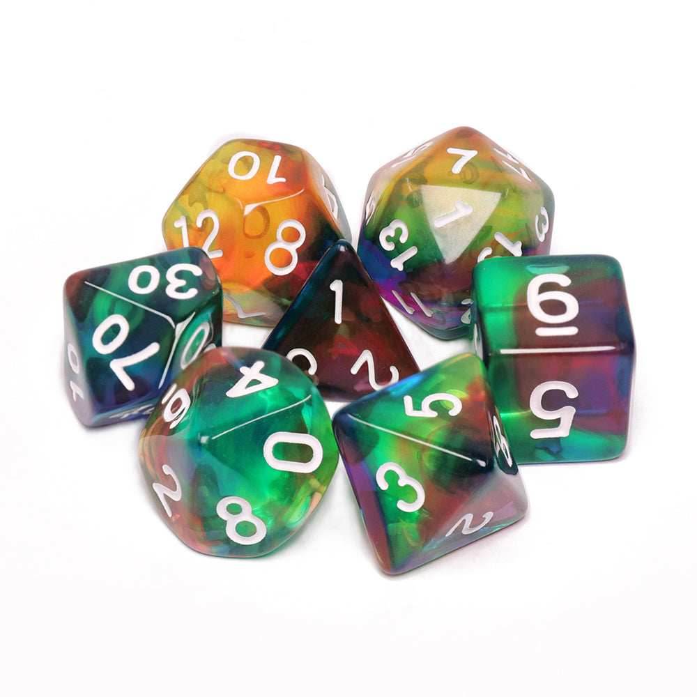 Colorful Wind 7-Dice Set Green/Mix w/White Numbers Stained Glass Dnd Dice Set -