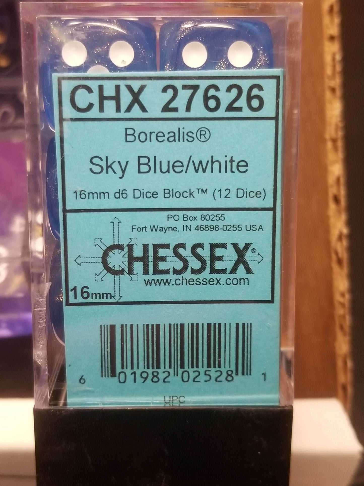CHX 27626 16mm Block Borealis Sky Blue w/ White Pips Dice Set Chessex -