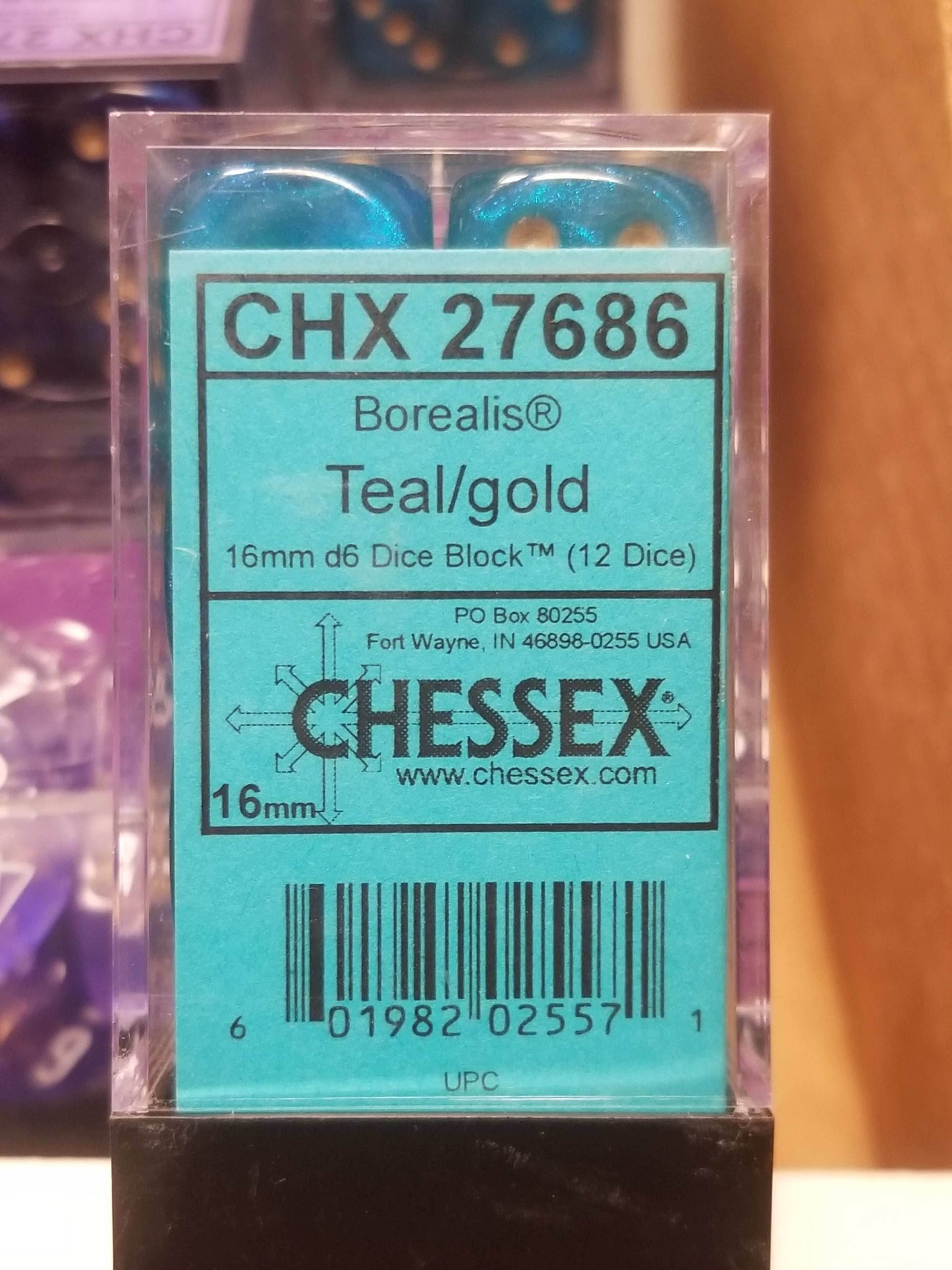 CHX 27686 16mm Block Borealis Teal w/ Gold Pips Dice Set Chessex -
