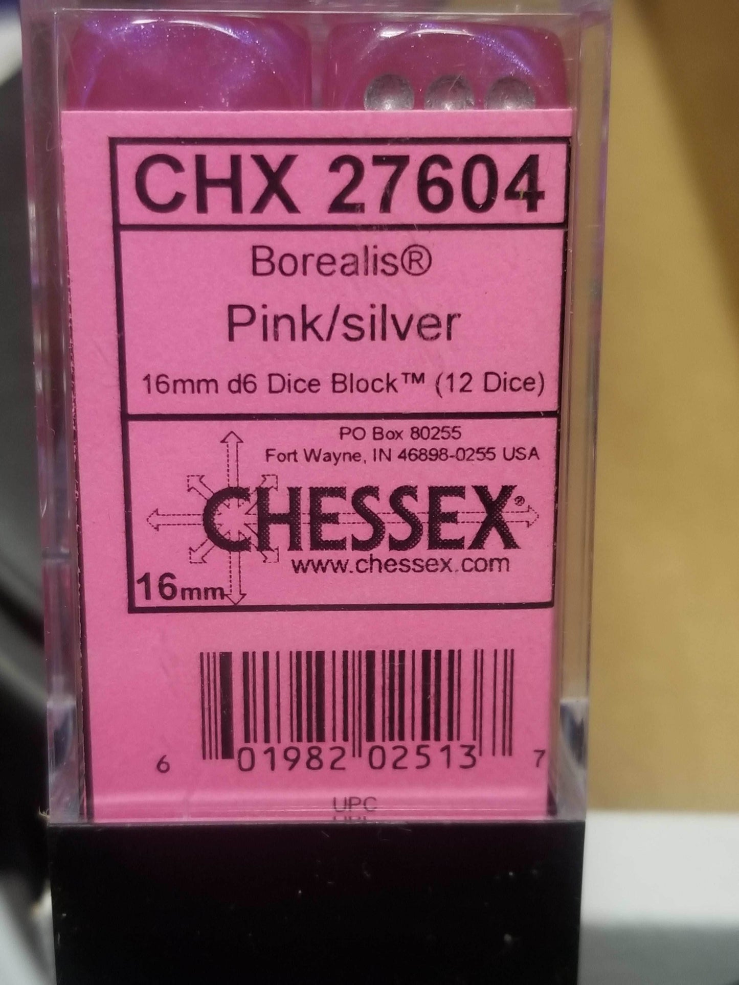 CHX 27604 16mm Block Borealis Pink w/ Silver Pips Dice Set Chessex -