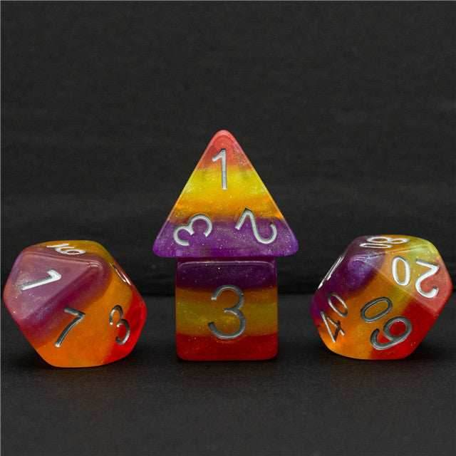 Orange Yellow Purple Glitter Layer 7-Dice Set w/Silver Numbers -