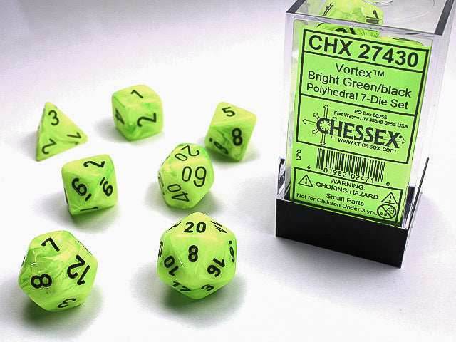 Vortex® Polyhedral Bright Green/black 7-Die Set RPG DND -