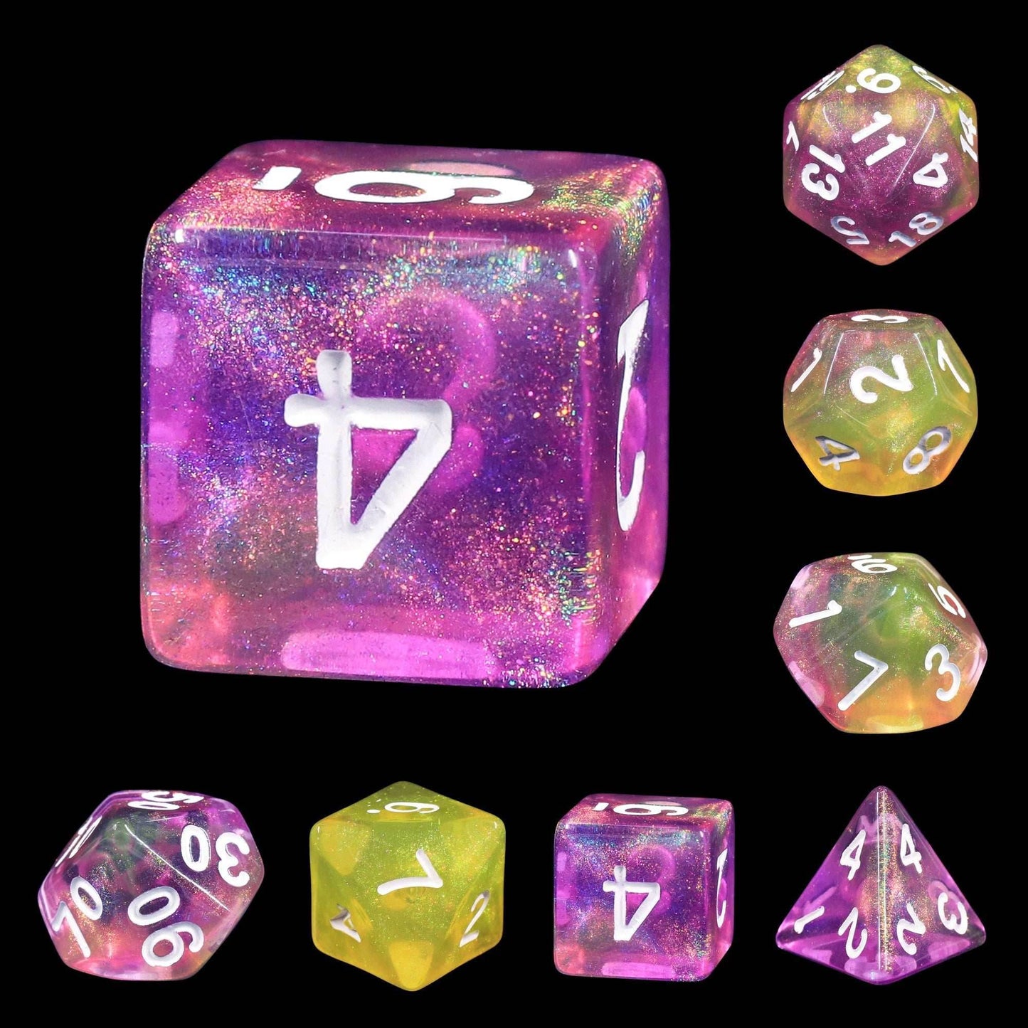 Lemon Jelly Purple/Yellow Glitter 7-Dice Set by HendgaDice -