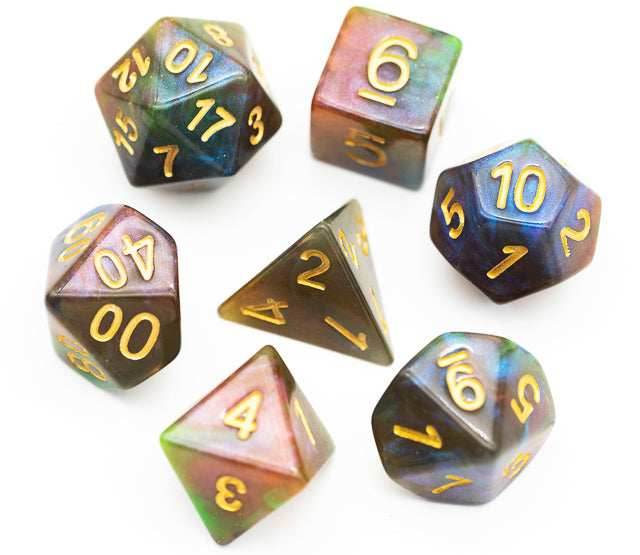 Purple & Green w/gold Galaxy Glitter 7-Dice Set RPG -
