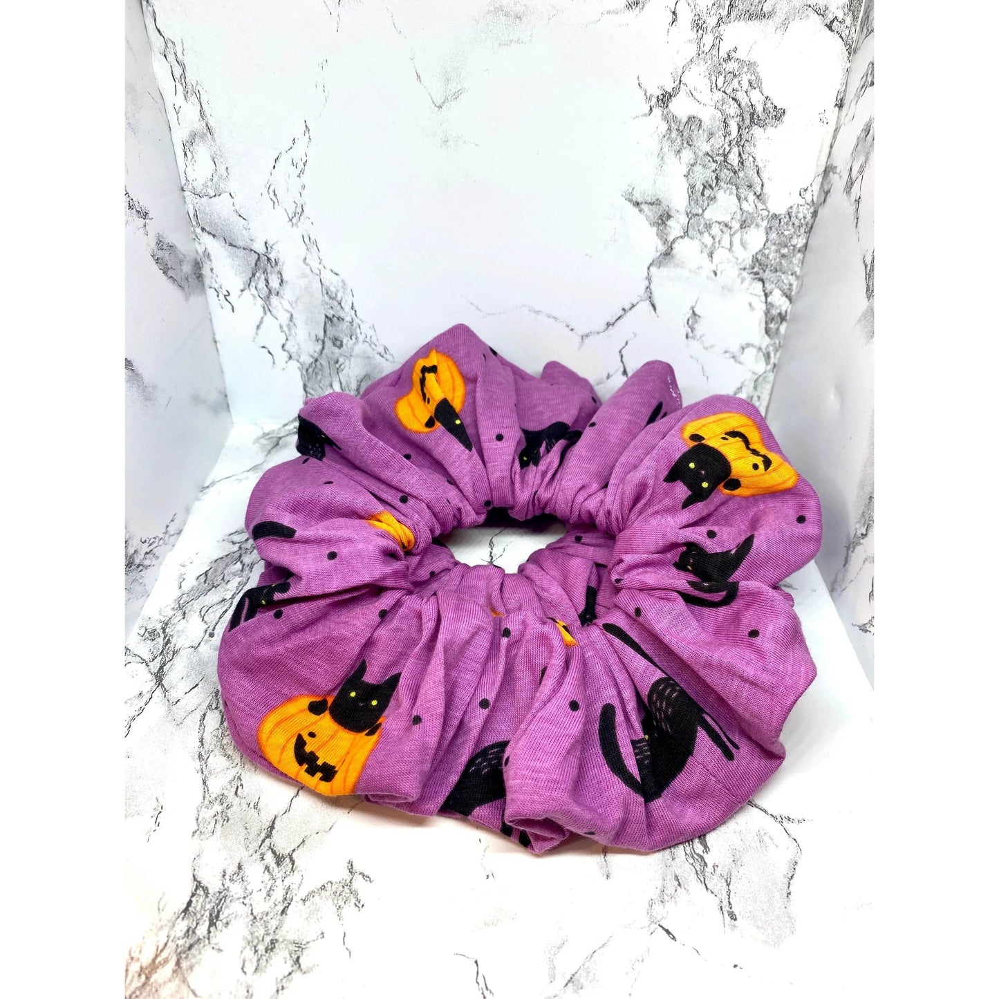 Purple Pumpkin Cat Halloween Scrunchie -