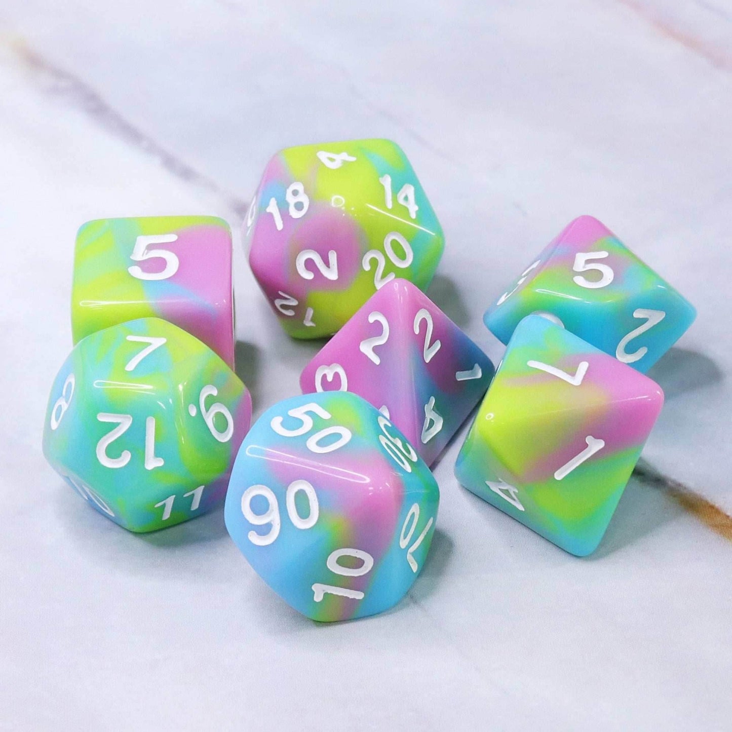Childhood Pink/Blue/Green/Yellow Blend with White Numbering 7-Dice Set RPG -