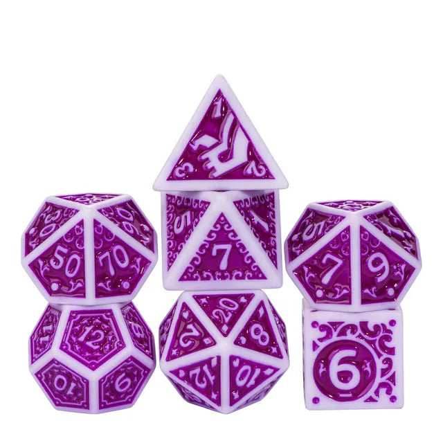 White with Purple rregular Pattern Fill: 7-Piece Acrylic Dice Set -
