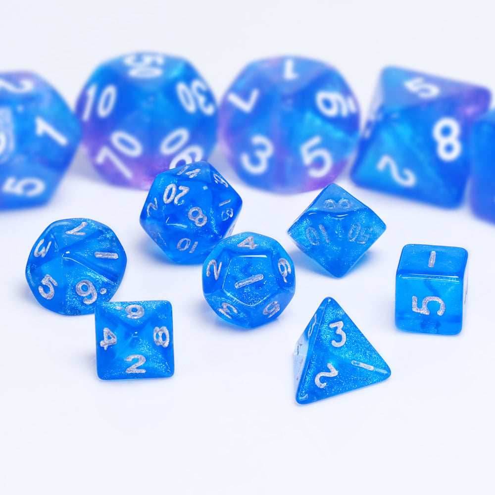 Glitter Blue 7-Dice Mini-Dice RPG Set w/Silver Numbers Miniature Dice -