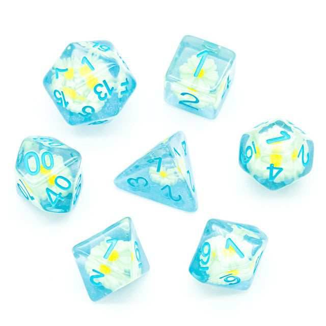 Sunflower Blue (Resin Flower) Dice 7-Dice Set Resin Dungeons and Dragons Dice -
