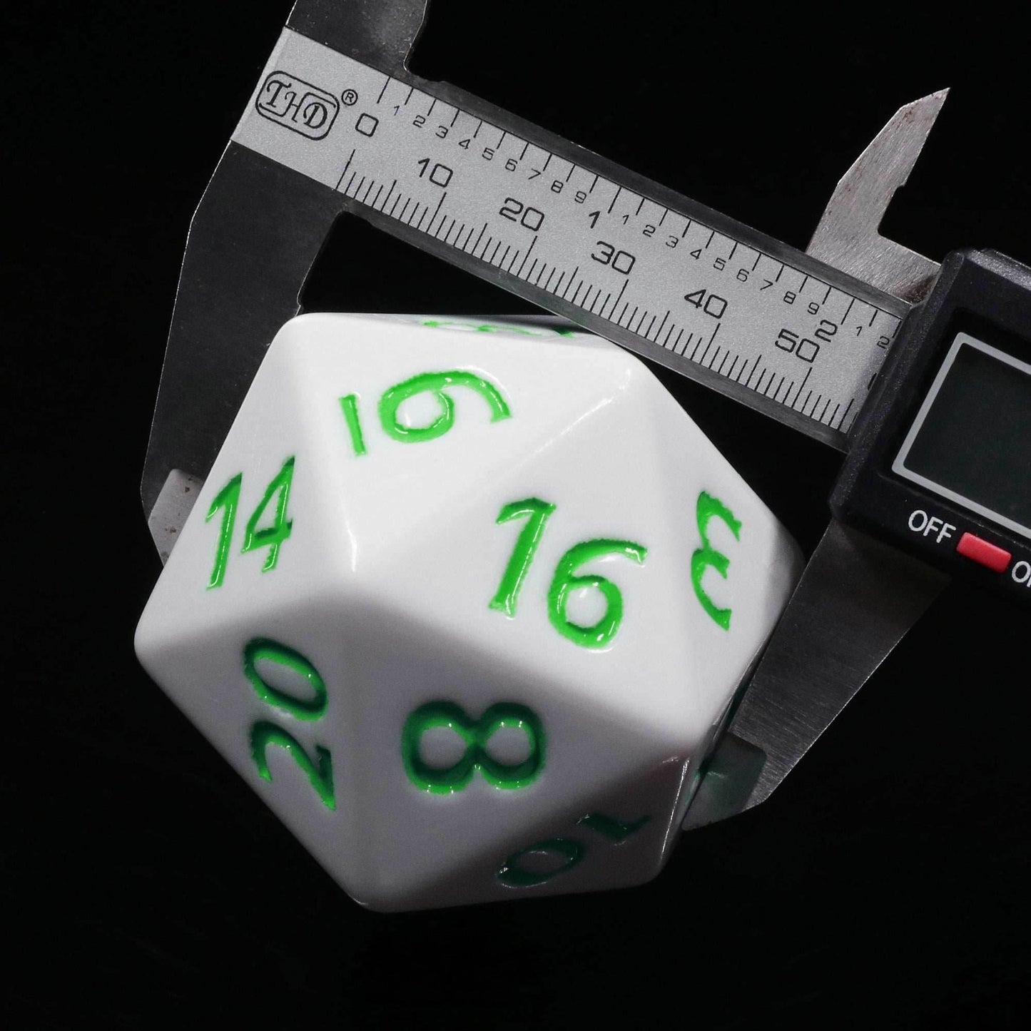 55mm Titan d20 (White with Green) Huge d20 for DND RPG -
