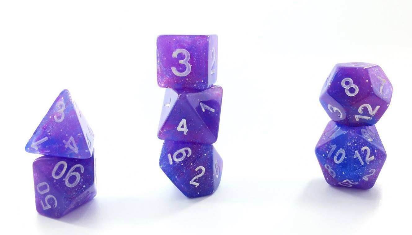 Purple Nebula Glitter Poly Dice Set (7) Semi-Translucent New RPG DnD Space Roll -
