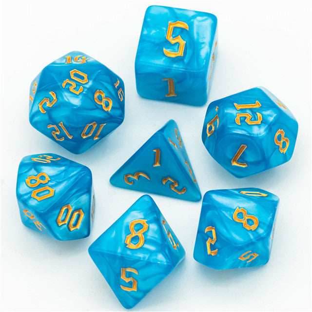 Blue Macaron 7-Dice Blend Set w/Gold Numbers -