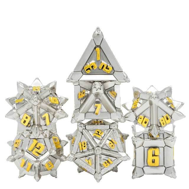 White w/Gold Pinwheel Strengthened Metal 7-Dice Set | Metal DND Dice -