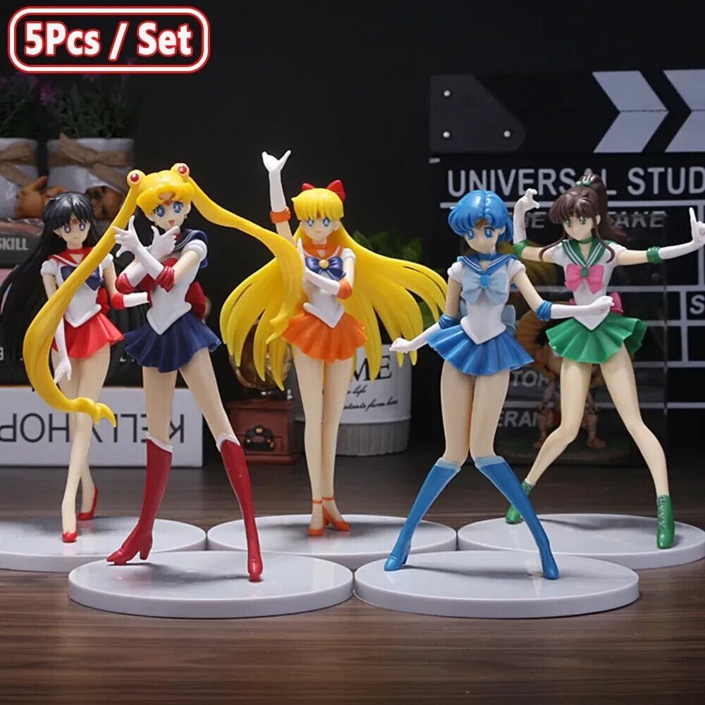5pc Sailor Moon Anime Figures, Minako Aino, Rei Hino, Ami Mizuno, Usagi Tsukino, Makoto Kino Anime Figurine 7 in