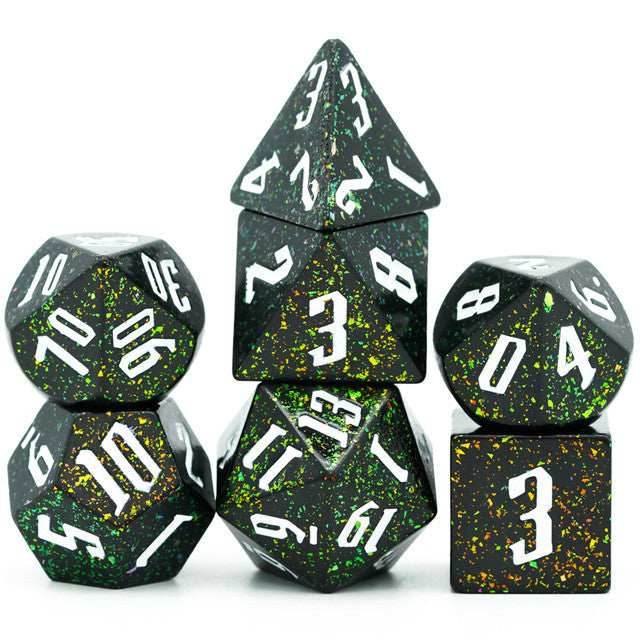 80's Monster Glitter DND Dice (Black,Green,Orange) 7-Dice Dungeons and Dragons Dice -