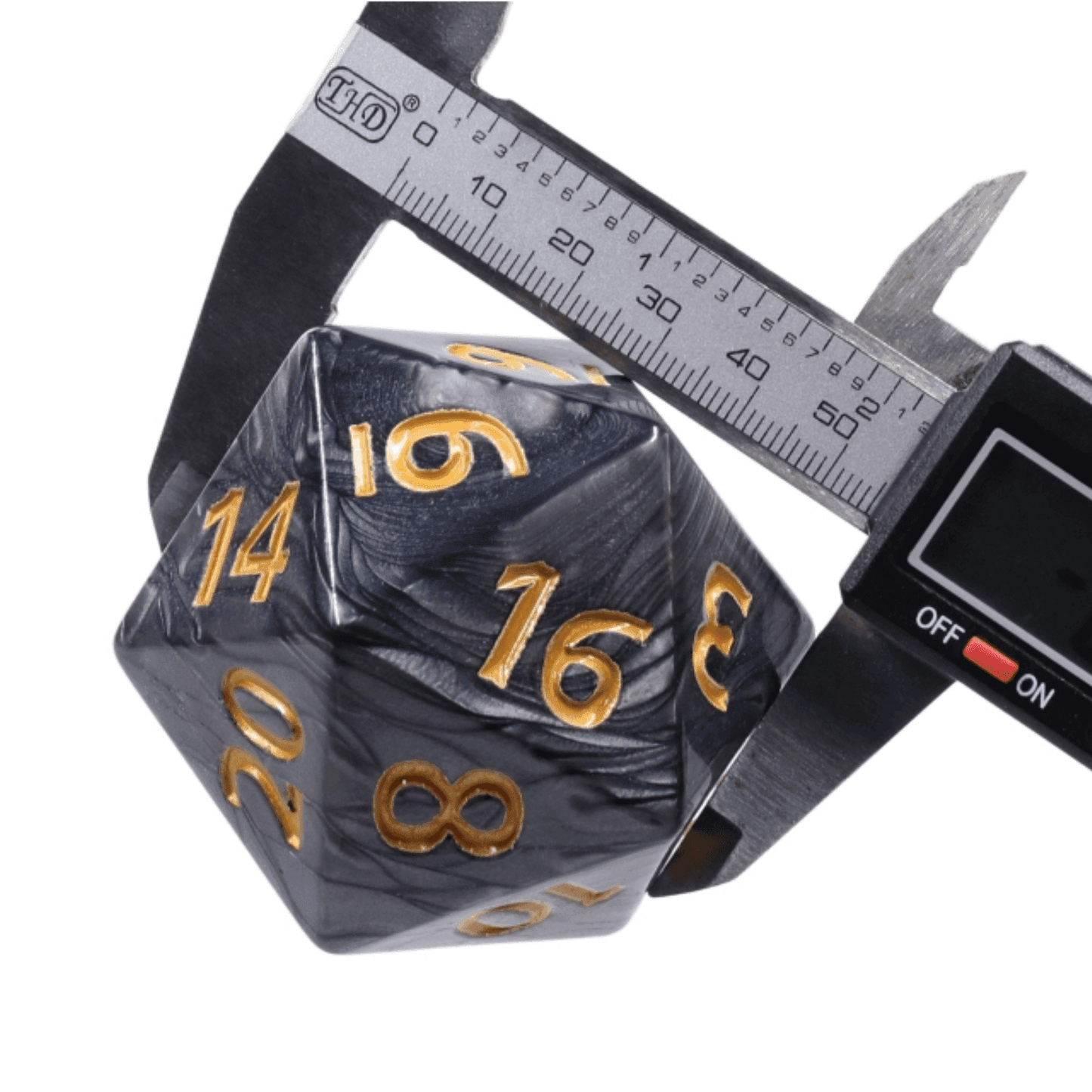 55mm Titan d20 (Black with Gold) Huge d20 for DND RPG -