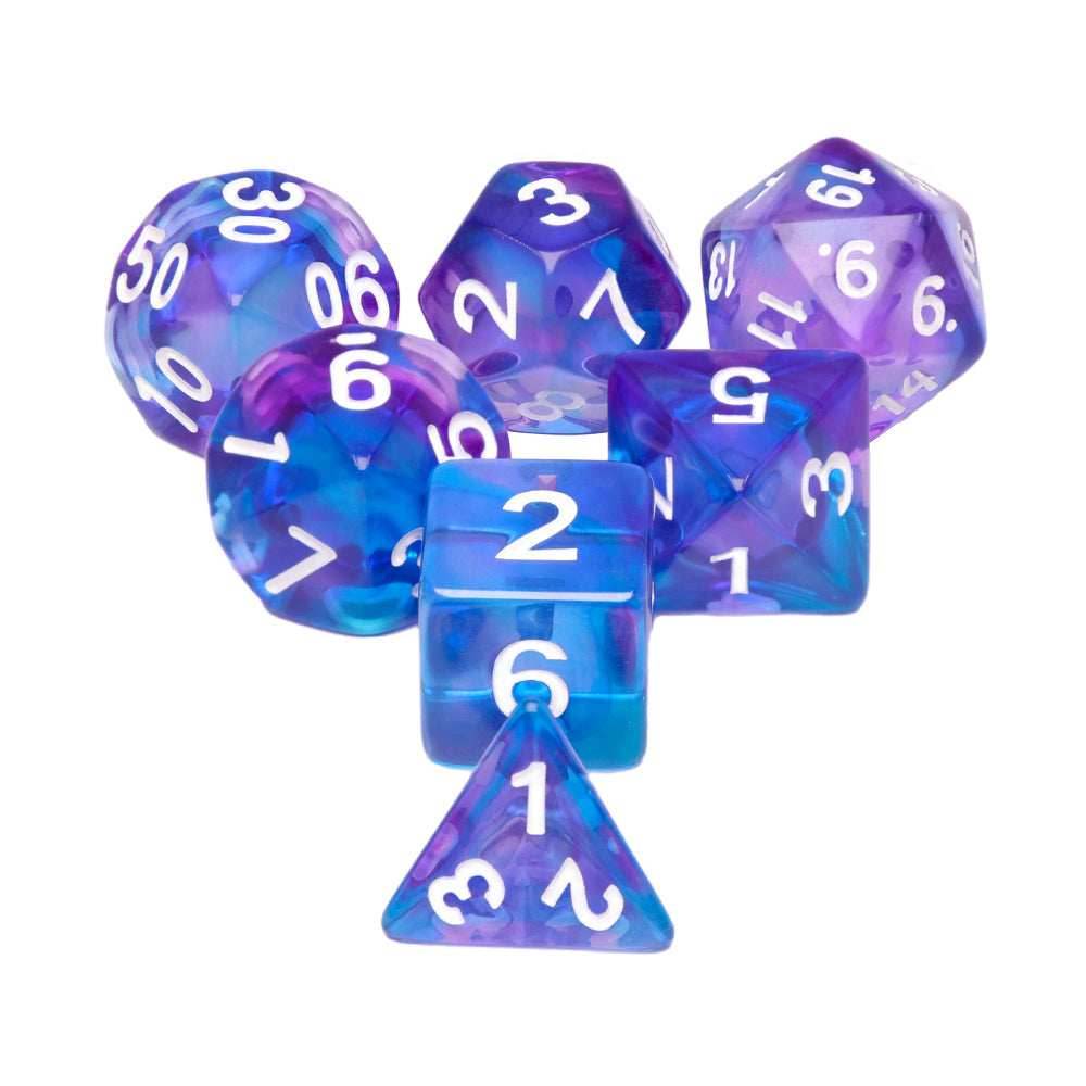Crystal Dream 7-Dice Set Purple/Blue w/White Numbers Stained Glass Dnd Dice Set -