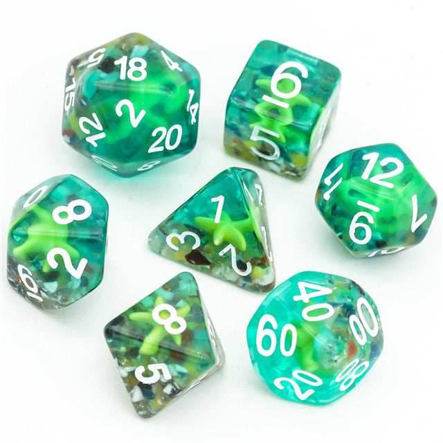 Sea Green Starfish Dice 7-Dice Set Resin Dungeons and Dragons Dice -