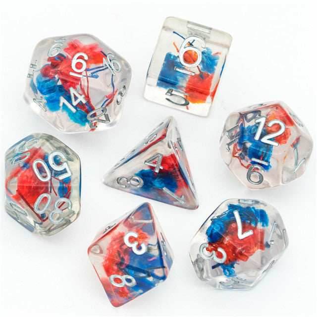 Blue & Red Clear Dice w/ Silver Numbers 7-Dice Set Rpg -