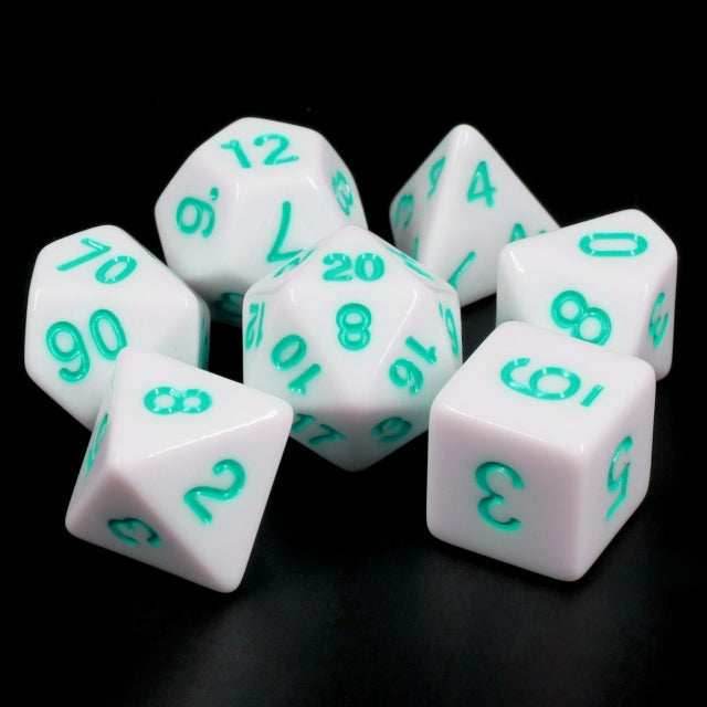 White Opaque with Teal Numbering 7-Dice Set RPG -