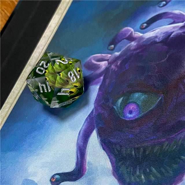 Green Beholder 22mm D20 DND Roll a D20 Dice Handmade Sharp Resin -