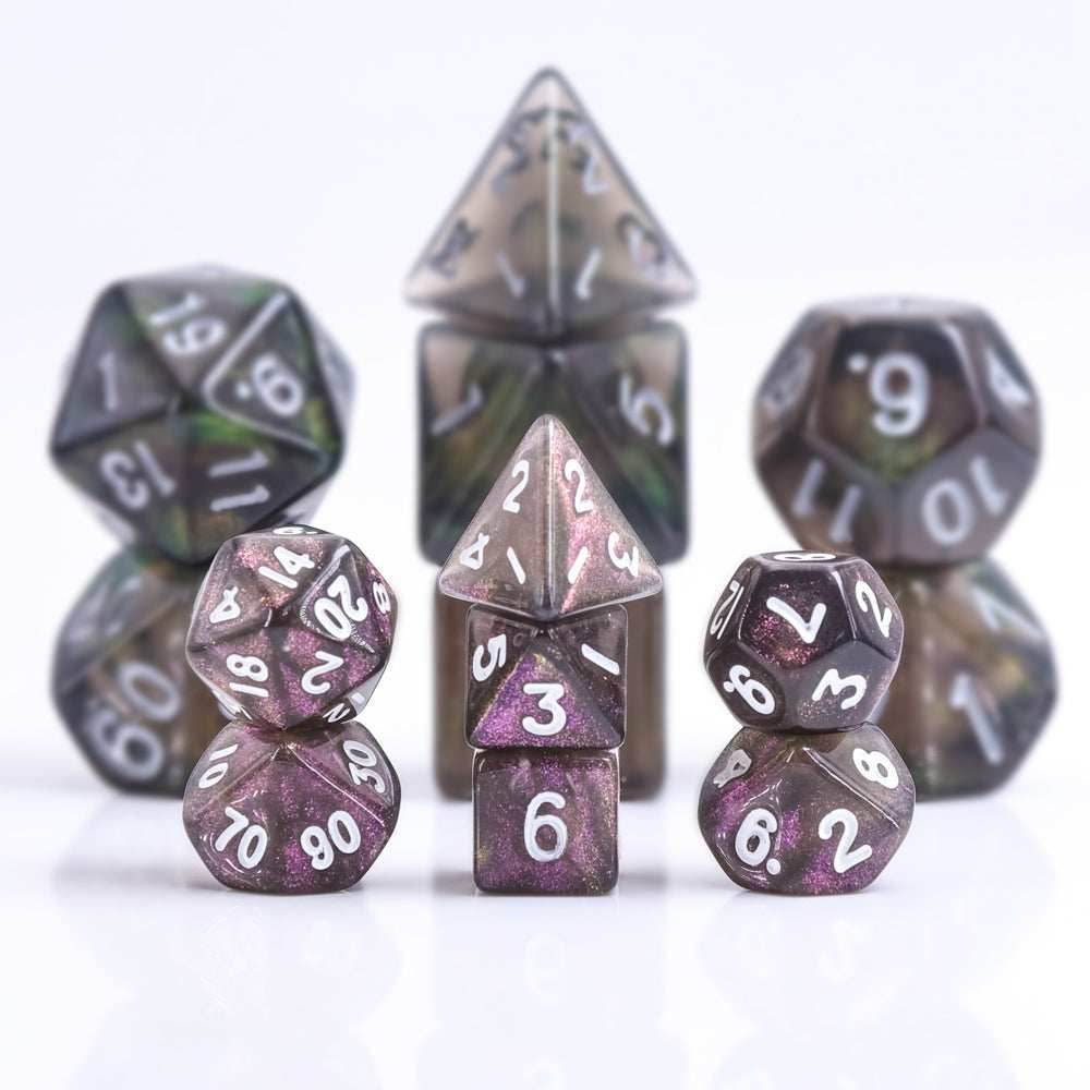 Purple Iridescent 7-Dice Mini-Dice RPG Set w/White Numbers Miniature Dice -