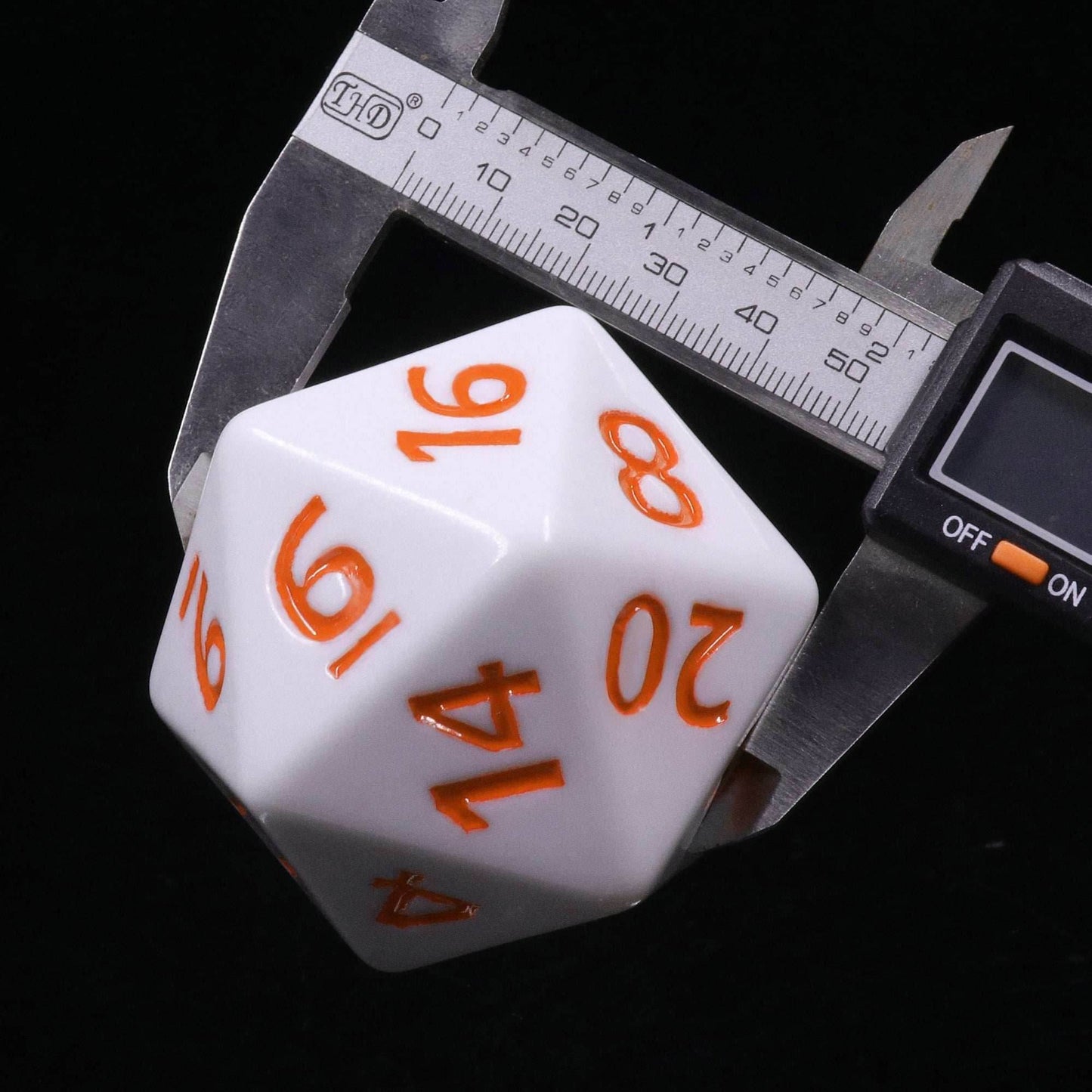55mm Titan d20 (White with Orange) Huge d20 for DND RPG -