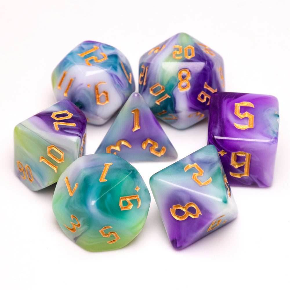 Siberian Iris 7-Dice Set Purple/White/Green w/Gold Numbers Dnd Dice Set -