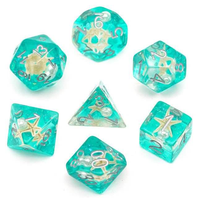 Starfish & Pearl Floating in Green Glitter 7-Dice Set -