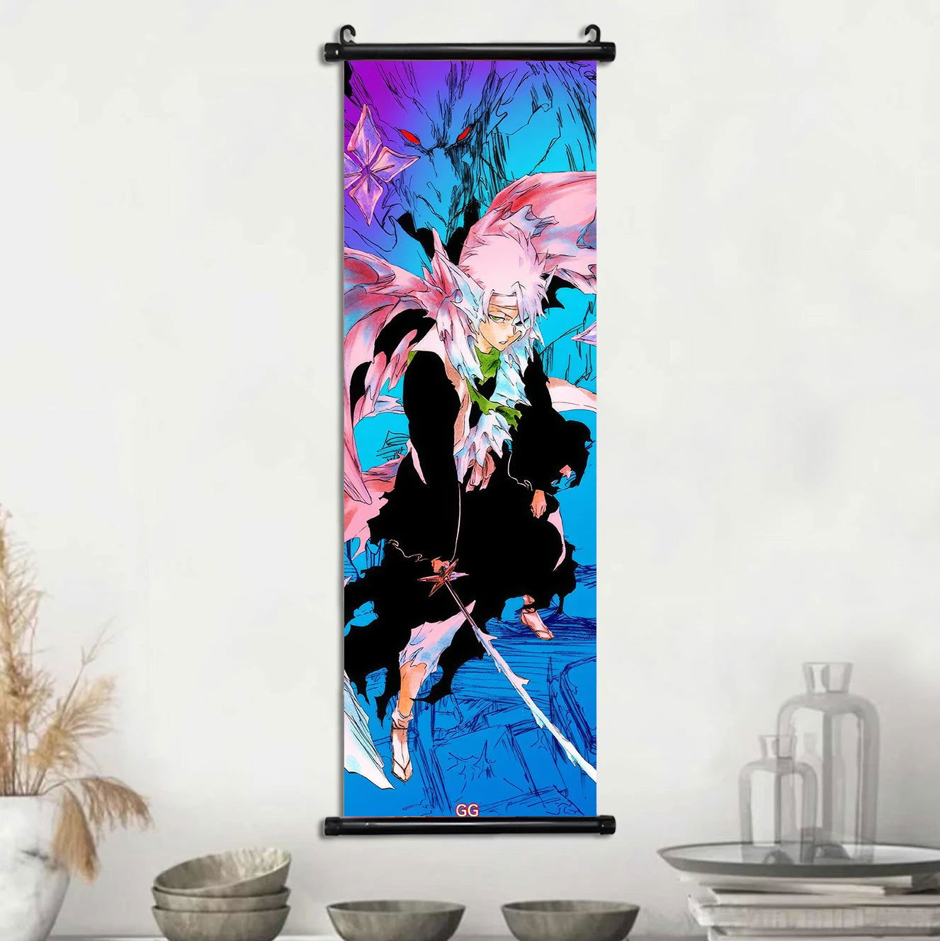 Bleach Scroll Wall Art, Hanging Prints Wall Artwork Kurosaki Ichigo Scrolls Canvas Japanese Anime Posters Home Decor for Living Room