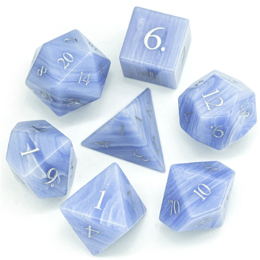 Blue Agate - Gemstone Engraved with Silver RPG Dice Set -