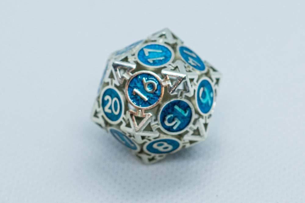 Tritan Silver w/Blue Deadly Arrow Dice | 7-Dice RPG Set High Visibility -