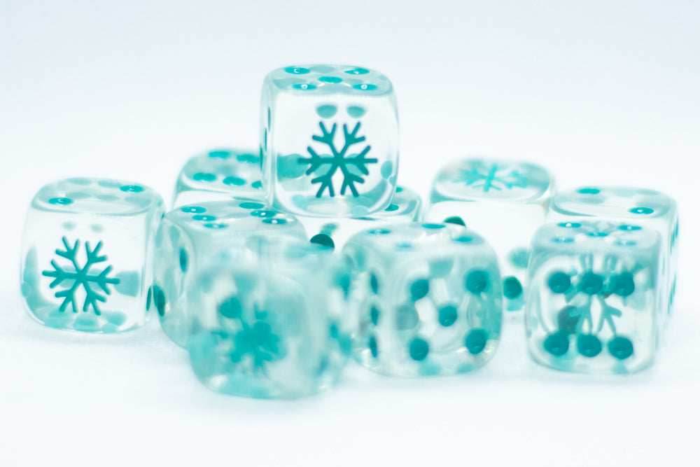 10-Pack Clear w/Teal 16mm d6 Dice Featuring a Snowflake on the '1' side -