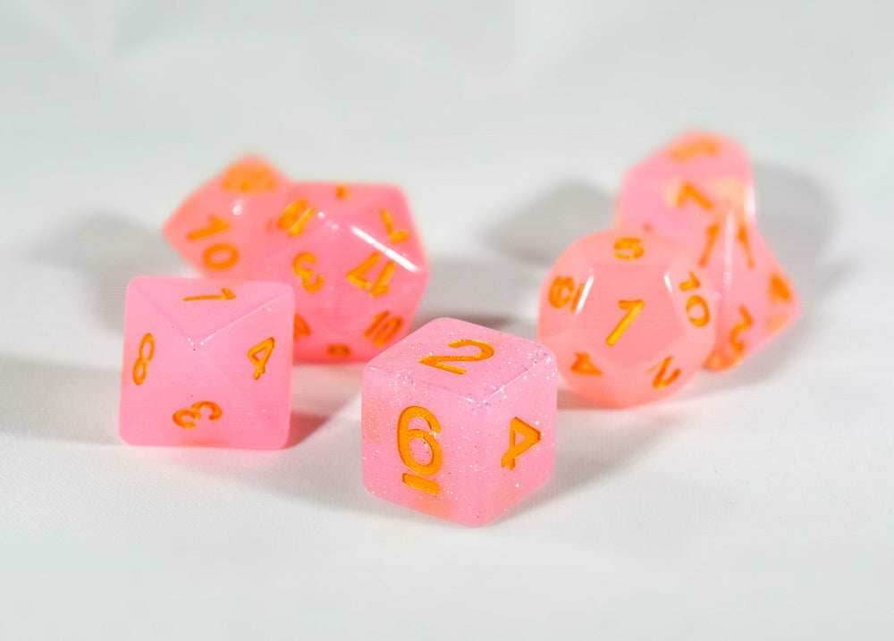 Sparkling Glitter Pink with Gold Numbers Poly Dice Set (7) RPG DnD HDdice -