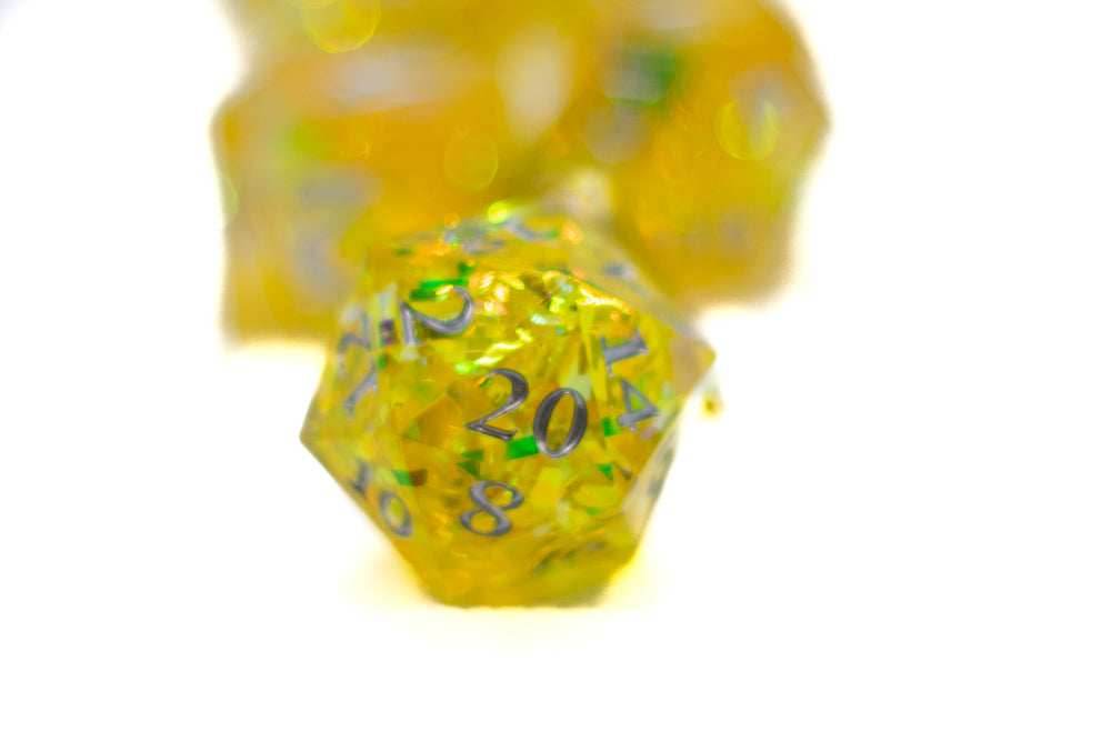 Yellow Shimmer w/silver 7-Dice Set Resin Sharp Edge RPG DND -