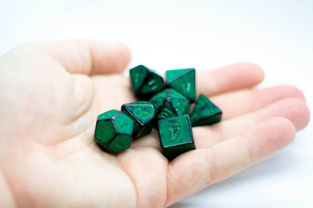 Grass Green Distressed Ancient 7-Dice Set Black w/Green Dnd Dice -