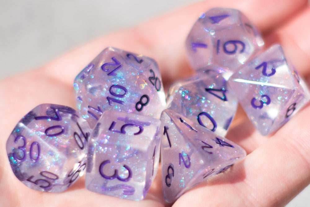 The Time Walker | Clear/purple Glitter 7-Dice Set RPG Dice Set w/Purple -