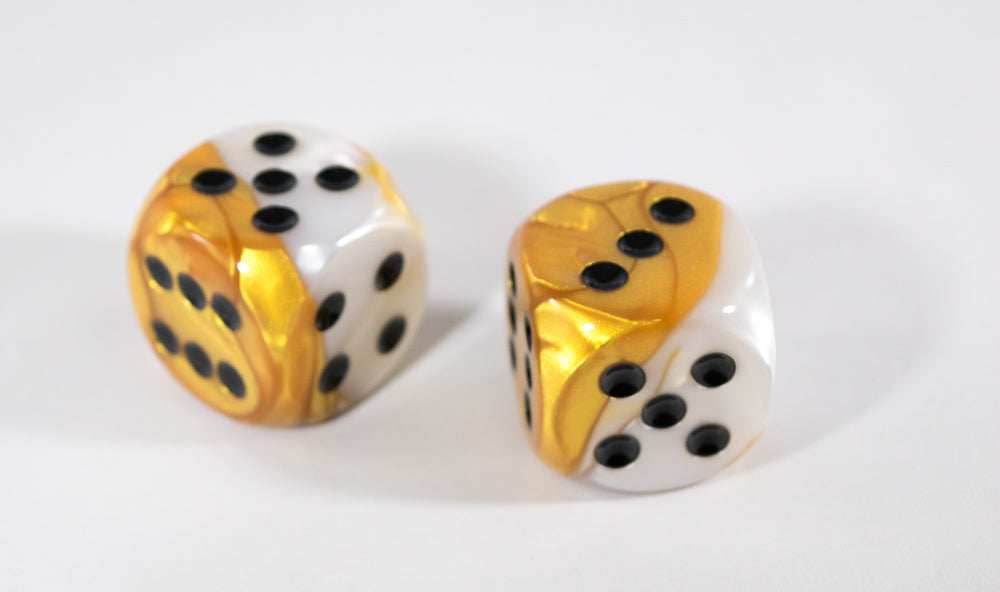 (1) OOP Rare 30mm Gemini Gold and White Dice RPG DnD with Black Pips by Chessex Out of Print (Sold per die) -