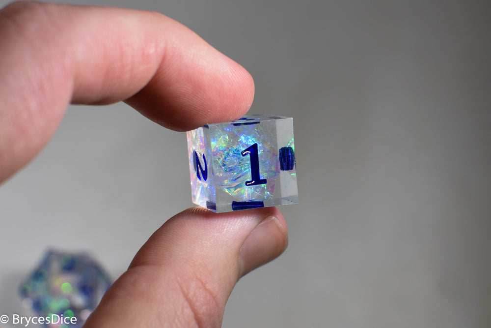 Ice Cubes Sharp Edge Resin 7-Dice Dice (Clear Shimmer w/ Blue Numbers) -