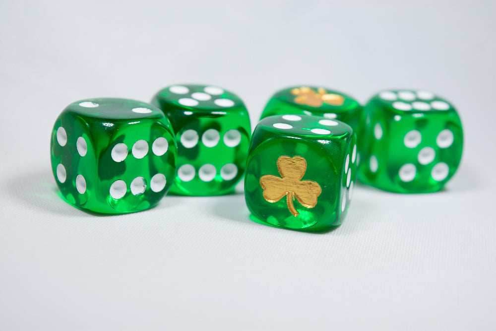 Gold Shamrock Translucent Green Die 16mm D6 Chessex Dice w/White Pips | Sold per die -