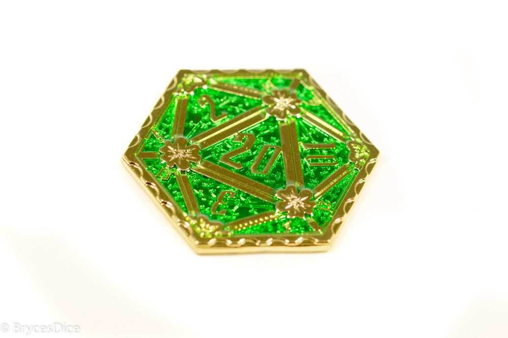 Gold d2 Coin Shaped like d20 Solid w/Green Enamel Color -