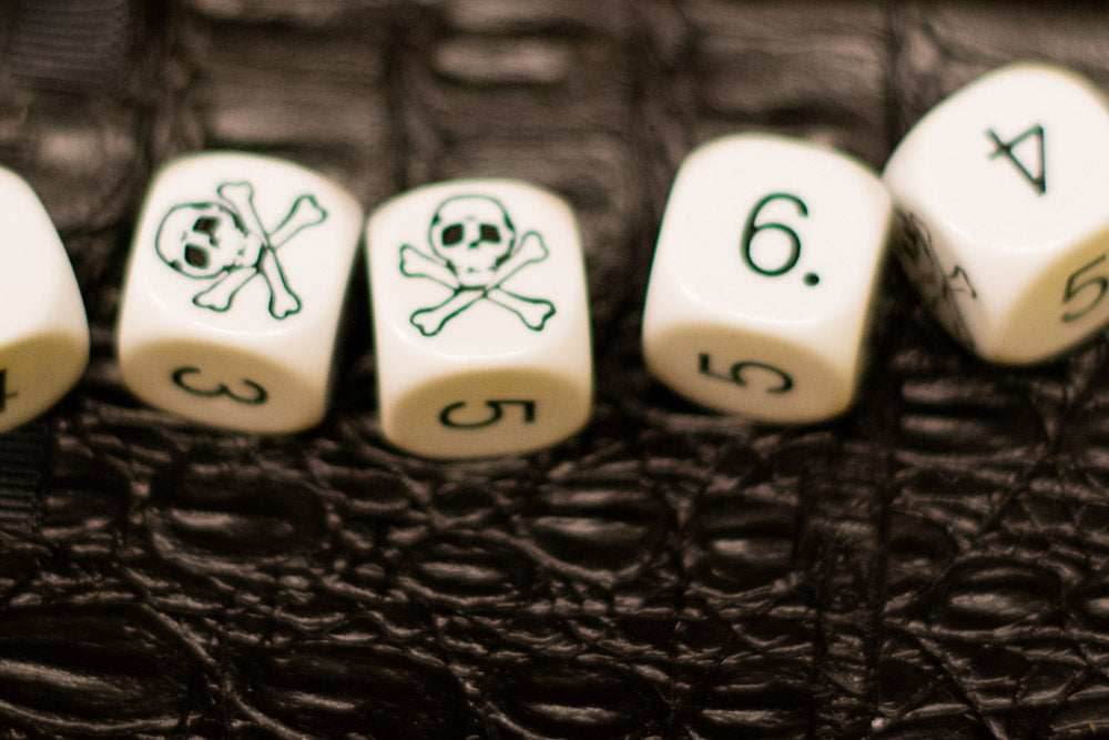 White Pirate D6 Dice Numbered with Skull and Cross Bones (sold per die) -