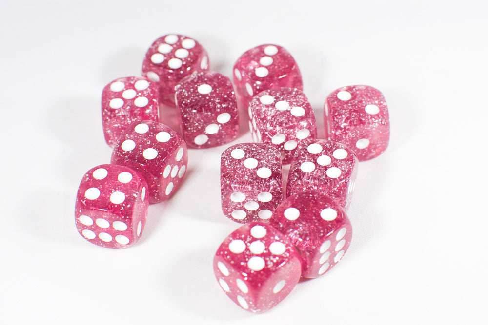 Pink with Glitter D6 16mm Pipped Dice (sold by the piece) -