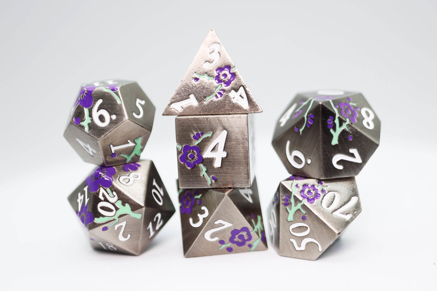 Metallic Bouquet: Silver with Purple Orchids - Metal RPG Dice Set -