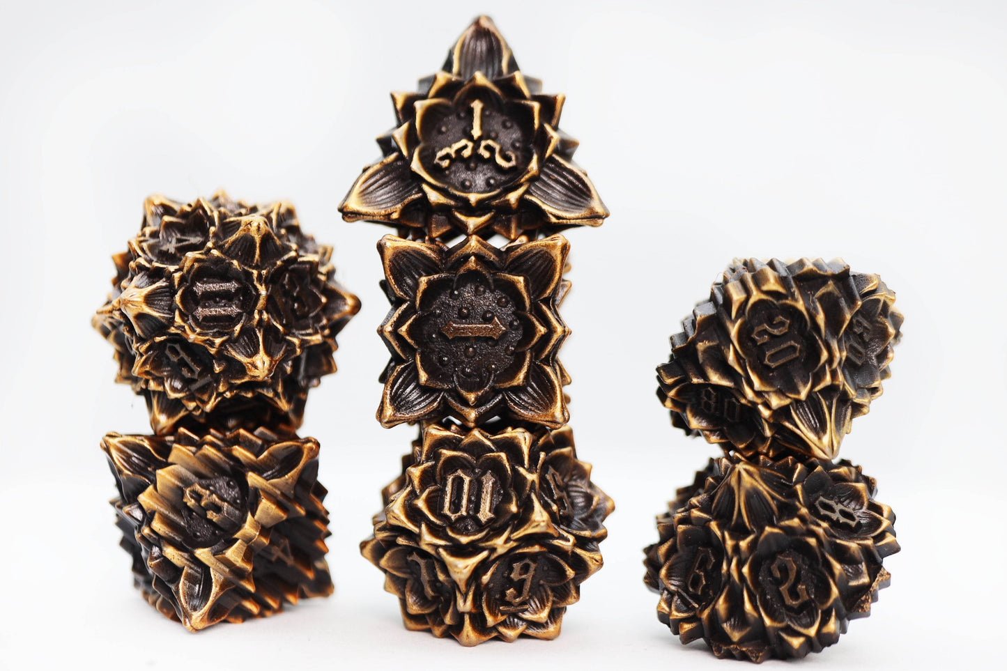 Floral Starburst: Gilded Goldenrod - Metal RPG Dice Set -