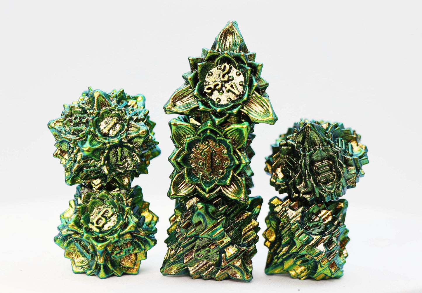 Floral Starburst: Frosted Undergrowth - Metal RPG Dice Set -